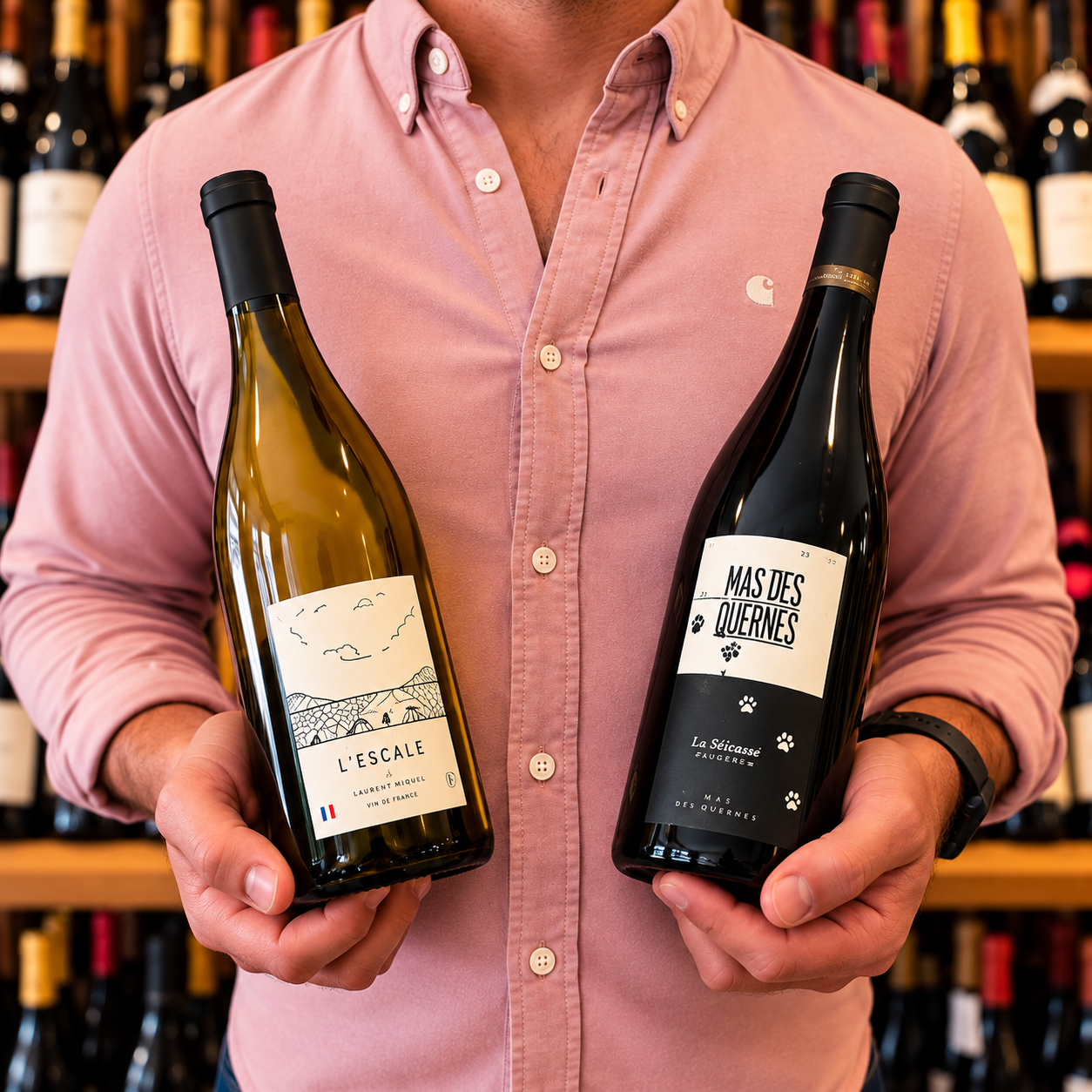 Présentation de deux bouteilles de vin sélectionnées par un caviste œnologue pour l'Oenobox Beau Petit RAISIN, abonnement vin découverte Oenofeel à Clermont-Ferrand.